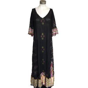 ERIKA PENA Tribal E Margarita Long Ikat maxi ruffle fringe black dress S / M NEW